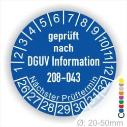 Prüfplaketten rund Text: DGUV Information 208-043 Plaketten Farbe- Blau und Text in Weiß. Monatszahlen oben und Jahreszahlen unten beginnend mit Startjahr- 26. Durchmesser 20-50mm frei wählbar.