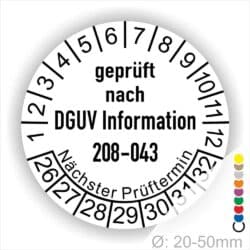 Prüfplaketten rund Text: DGUV Information 208-043 Plaketten Farbe- Weiß und Text in Schwarz. Monatszahlen oben und Jahreszahlen unten beginnend mit Startjahr- 26. Durchmesser 20-50mm frei wählbar.