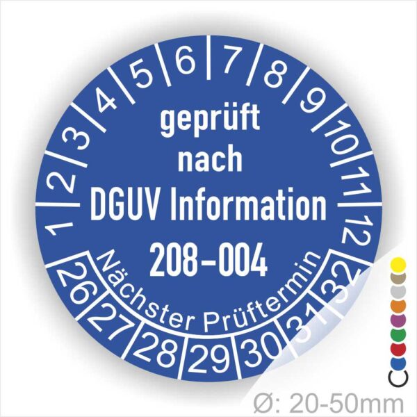 Prüfplakette,Prüfetilette DGUV Info 208-004 Farbe Blau, Statjahr 26