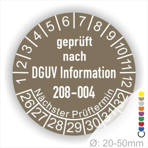 Prüfplakette, Prüfsiegel DGUV Info 208-004 Farbe Braun, Statjahr 26