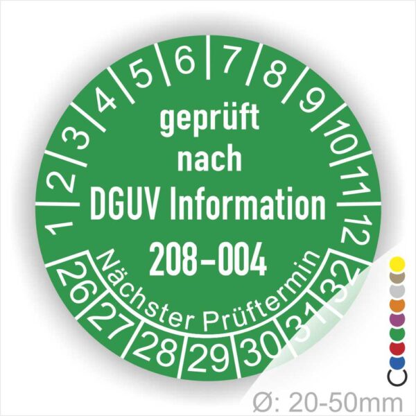 Prüfplakette Siegel DGUV Info 208-004 Farbe Grün, Statjahr 26
