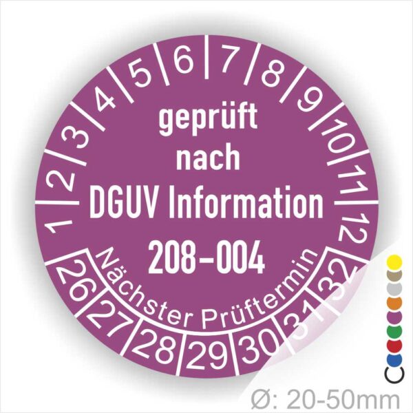 Prüfplakette Wartungsaufkleber DGUV Info 208-004 Farbe Lila, Statjahr 26