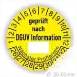 Gelbes Prüfetikett mit der Aufschrift "geprüft nach DGUV" und einem leeren Feld für den nächsten Prüftermin, geeignet für Geräte mit einem Durchmesser von 20-50 mm.