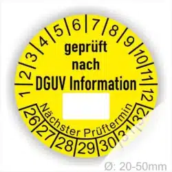 Gelbes Prüfetikett mit der Aufschrift "geprüft nach DGUV" und einem leeren Feld für den nächsten Prüftermin, geeignet für Geräte mit einem Durchmesser von 20-50 mm.