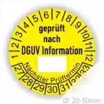 Prüfplaketten DGUV Info mit Beschriftungsfeld Startjahr- 2025, Farbe- Gelb.