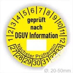Prüfplaketten DGUV Info mit Beschriftungsfeld Startjahr- 2025, Farbe- Gelb.
