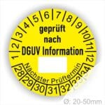 Prüfplaketten DGUV Info mit Beschriftungsfeld Startjahr- 2028, Farbe- Gelb