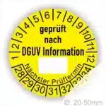 Gelbes Prüfzeichen nach DGUV mit Angaben zur nächsten Prüfung, geeignet für Geräte mit einem Durchmesser von 20-50 mm.