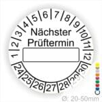 Prüfplakette, Prüfetikett rund, Farbe- Weiß, Text "Nächster Prüftermin" in Schwarz. Als nächstes kommt ein Beschriftungfeld / Leerfeld in Farbe Weiß im Schwarzen Rahmen. Startjahr- 24, Monatszahlen Oben und Jahreszahlen Unten in Kreisform.