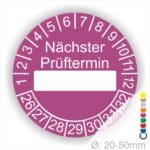 Prüfplakette, Prüfetikett rund, Farbe- Lila, Text "Nächster Prüftermin" in Weiß. Als nächstes kommt ein Beschriftungfeld / Leerfeld in Farbe Weiß. Startjahr- 26, Monatszahlen Oben und Jahreszahlen Unten in Kreisform.