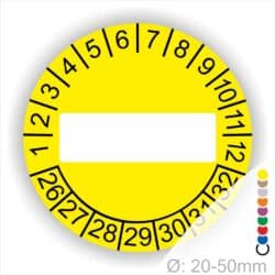 Prüfplaketten, Prüfetikett rund, Farbe- Gelb als nächstes kommt ein Beschriftungfeld / Leerfeld. Startjahr- 26, Monatszahlen Oben und Jahreszahlen Unten in Kreisform.
