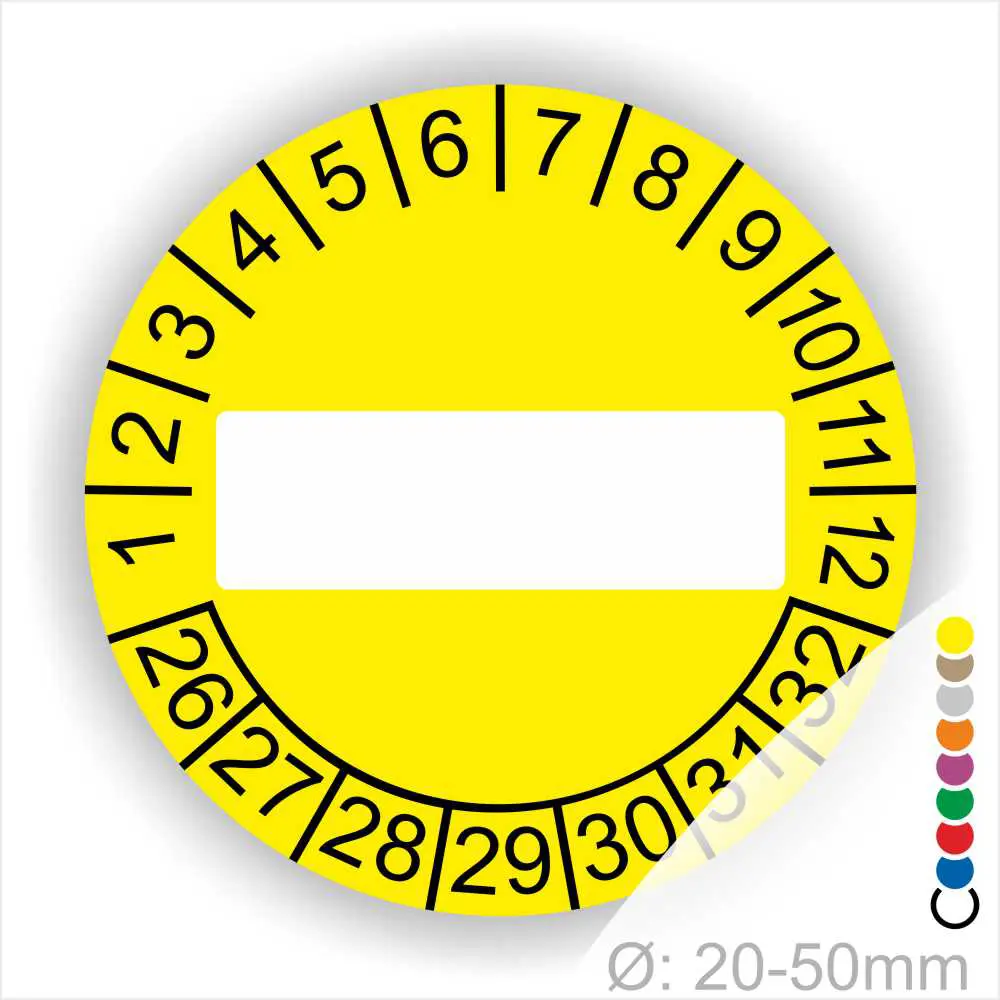 Neutrale Prüfplakette – gelb mit Beschriftungsfeld und Monatsring Neutrale Prüfplakette gelb mit Beschriftungsfeld, Monats- und Jahresring, runde Prüfplakette ohne Text zur individuellen Kennzeichnung, Durchmesser 20–50 mm