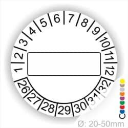 Prüfplaketten, Prüfetikett rund, Farbe- Weiss, Text " in Schwarz. Als nächstes kommt ein Beschriftungfeld / Leerfeld. Startjahr- 26, Monatszahlen Oben und Jahreszahlen Unten in Kreisform.