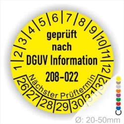Prüfplaketten rund Text: DGUV Information 208-022. Plaketten Farbe- Gelb und Text in Schwarz. Monatszahlen oben und Jahreszahlen unten beginnend mit Startjahr- 26. Durchmesser 20-50mm frei wählbar.