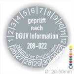 Prüfplaketten rund Text: DGUV Information 208-022. Plaketten Farbe- Grau und Text in Weiß. Monatszahlen oben und Jahreszahlen unten beginnend mit Startjahr- 26. Durchmesser 20-50mm frei wählbar.