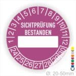 Prüfplakette, Prüfetikett rund, Farbe- Lila, Text "SICHTPRÜFUNG-BESTANDEN" in Weiß. Als nächstes kommt ein Beschriftungfeld / Leerfeld in Farbe Weiß. Startjahr- 24, Monatszahlen Oben und Jahreszahlen Unten in Kreisform.