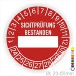 Prüfplakette, Prüfetikett rund, Farbe- Rot, Text "SICHTPRÜFUNG-BESTANDEN" in Weiß. Als nächstes kommt ein Beschriftungfeld / Leerfeld in Farbe Weiß. Startjahr- 24, Monatszahlen Oben und Jahreszahlen Unten in Kreisform.