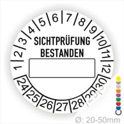 Prüfplakette, Prüfetikett rund, Farbe- Weiß, Text "SICHTPRÜFUNG-BESTANDEN" Schwarz. Als nächstes kommt ein Beschriftungfeld / Leerfeld in Farbe Weiß mit Rahmen in Schwarz. Startjahr- 24, Monatszahlen Oben und Jahreszahlen Unten in Kreisform.