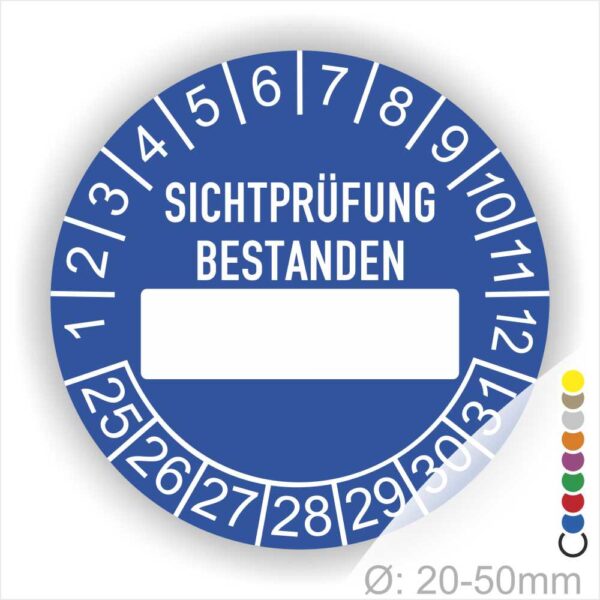 Prüfplaketten SICHTPRÜFUNG BESTANDEN mit Beschriftungsfeld in Weiß. Als nächstes kommt ein Beschriftungfeld / Leerfeld in Farbe Weiß. Startjahr- 24, Monatszahlen Oben und Jahreszahlen Unten in Kreisform.