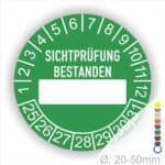Prüfplaketten SICHTPRÜFUNG BESTANDEN mit Beschriftungsfeld in Weiß. Als nächstes kommt ein Beschriftungfeld / Leerfeld in Farbe Weiß. Startjahr- 24, Monatszahlen Oben und Jahreszahlen Unten in Kreisform.