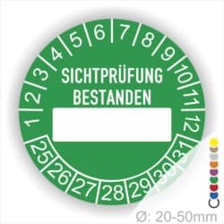 Prüfplaketten SICHTPRÜFUNG BESTANDEN mit Beschriftungsfeld in Weiß. Als nächstes kommt ein Beschriftungfeld / Leerfeld in Farbe Weiß. Startjahr- 24, Monatszahlen Oben und Jahreszahlen Unten in Kreisform.