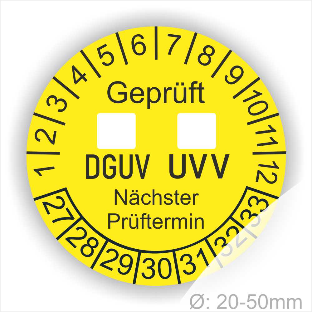 1-DGUV-UVV-Prüfplaketten-Nächster-Prüftermin-mit-Ankreuzfeld-Startjahr-27-Farbe-gelb DGUV UVV Prüfplakette gelb rund mit Ankreuzfeld, Monatsanzeige und Jahresring Startjahr 2027 zur Kennzeichnung des nächsten Prüftermins – selbstklebender Prüfaufkleber Ø 20–50 mm