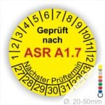 Prüfplaketten, Prüfetiketten rund, Farbe- Gelb, Text "Geprüft nach ASR A1.7" in Schwarz. Startjahr- 27, Monatszahlen Oben und Jahreszahlen Unten in Kreisform über den Jahreszahlen Text "Nächster Prüftermin".