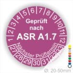 Prüfplaketten, Prüfetiketten rund, Farbe- Lila, Text "Geprüft nach ASR A1.7" in Weiß. Startjahr- 27, Monatszahlen Oben und Jahreszahlen Unten in Kreisform über den Jahreszahlen Text "Nächster Prüftermin".