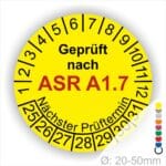 Prüfplaketten, Prüfetiketten rund, Farbe- Gelb, Text "Geprüft nach ASR A1.7" in Schwarz. Startjahr- 25, Monatszahlen Oben und Jahreszahlen Unten in Kreisform über den Jahreszahlen Text "Nächster Prüftermin".