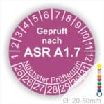 Prüfplaketten, Prüfetiketten rund, Farbe- Lila, Text "Geprüft nach ASR A1.7" in Weiß. Startjahr- 25, Monatszahlen Oben und Jahreszahlen Unten in Kreisform über den Jahreszahlen Text "Nächster Prüftermin".