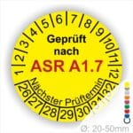 Prüfplaketten, Prüfetiketten rund, Farbe- Gelb, Text "Geprüft nach ASR A1.7" in Schwarz. Startjahr- 26, Monatszahlen Oben und Jahreszahlen Unten in Kreisform über den Jahreszahlen Text "Nächster Prüftermin".