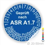 ASR A1.7 Prüfplakette blau mit Monatsring und Jahresring, Mehrjahres-Prüfaufkleber für Tore und Türen, nächster Prüftermin klar markierbar, Durchmesser 20–50 mm