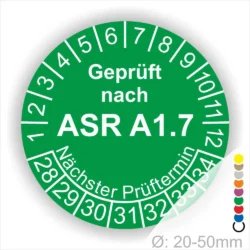 ASR A1.7 Prüfplakette grün mit Monatsring und Jahresring, Mehrjahres-Prüfaufkleber für Tore und Türen, nächster Prüftermin klar markierbar, Durchmesser 20–50 mm