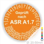 ASR A1.7 Prüfplakette orange mit Monatsring und Jahresring, Mehrjahres-Prüfaufkleber für Tore und Türen, nächster Prüftermin klar markierbar, Durchmesser 20–50 mm