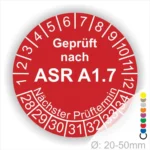 ASR A1.7 Prüfplakette rot mit Monatsring und Jahresring, Mehrjahres-Prüfaufkleber für Tore und Türen, nächster Prüftermin klar markierbar, Durchmesser 20–50 mm