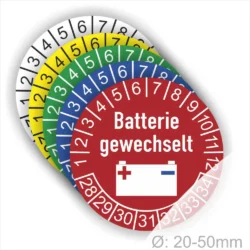 Batteriewechsel-Kennzeichnungsscheiben in verschiedenen Farben mit der Aufschrift „Batterie gewechselt“, geeignet für Geräte mit einem Durchmesser von 20-50 mm.