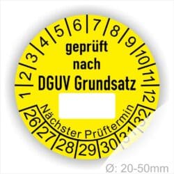 Prüfplakette DGUV-Grundsatz mit Beschriftungsfeld Startjahr- 2026, Farbe- Gelb