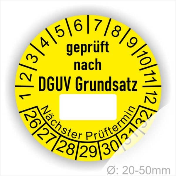 Prüfplakette DGUV-Grundsatz mit Beschriftungsfeld Startjahr- 2026, Farbe- Gelb