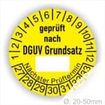Prüfplakette DGUV-Grundsatz mit Beschriftungsfeld Startjahr- 2027, Farbe- Gelb