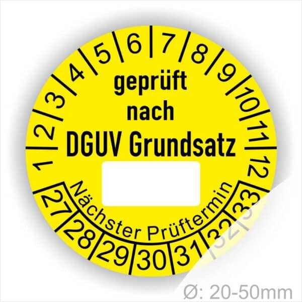 Prüfplakette DGUV-Grundsatz mit Beschriftungsfeld Startjahr- 2027, Farbe- Gelb