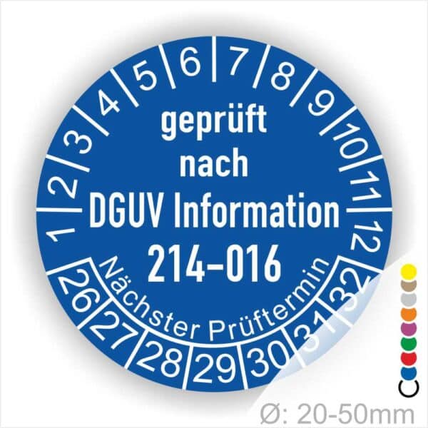 Prüfplakette Prüfetikette für DGUV Information 214–016 Austauschbare Kipp‐ und Absetzbehälter Prüfung. Farbe Blau, Text Weiss. Jahres und Monatszahlen, Startjar- 26