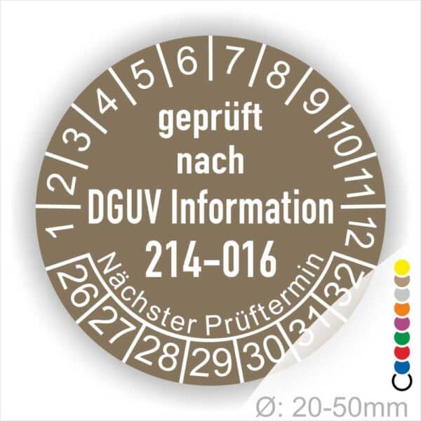 Mehrjaresprüfplakette für DGUV Information 214–016 Austauschbare Kipp‐ und Absetzbehälter Prüfung. Farbe Braun, Text Weiss. Jahres und Monatszahlen, Startjar- 26