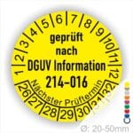 Prüfplakette Prüfetikette für DGUV Information 214–016 Austauschbare Kipp‐ und Absetzbehälter Prüfung. Farbe Gelb, Text Schwarz. Jahres und Monatszahlen Startjar- 26