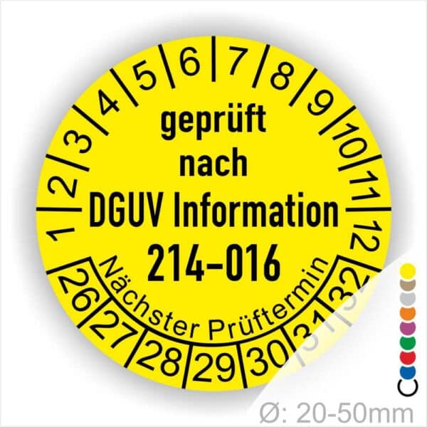 Prüfplakette Prüfetikette für DGUV Information 214–016 Austauschbare Kipp‐ und Absetzbehälter Prüfung. Farbe Gelb, Text Schwarz. Jahres und Monatszahlen Startjar- 26