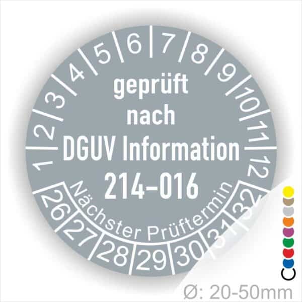 Prüfplakette Warungsplakette DGUV Information 214–016 Austauschbare Kipp‐ und Absetzbehälter. Farbe Grau, Text Weiss. Jahres und Monatszahlen Startjar- 26