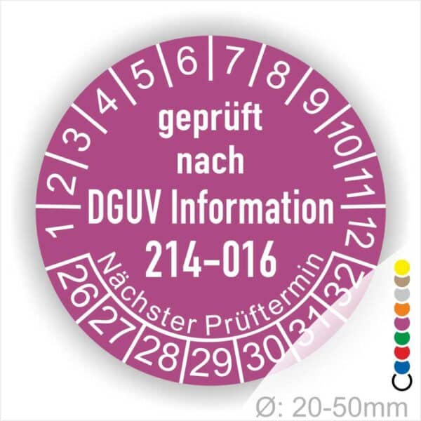 Prüfplakette Prüfetikette DGUV Information 214–016 Austauschbare Kipp‐ und Absetzbehälter. Farbe Lila, Startjar- 26