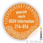 Prüfplakette DGUV Information 214–016 Austauschbare Kipp‐ und Absetzbehälter. Farbe Orange, Startjar- 26