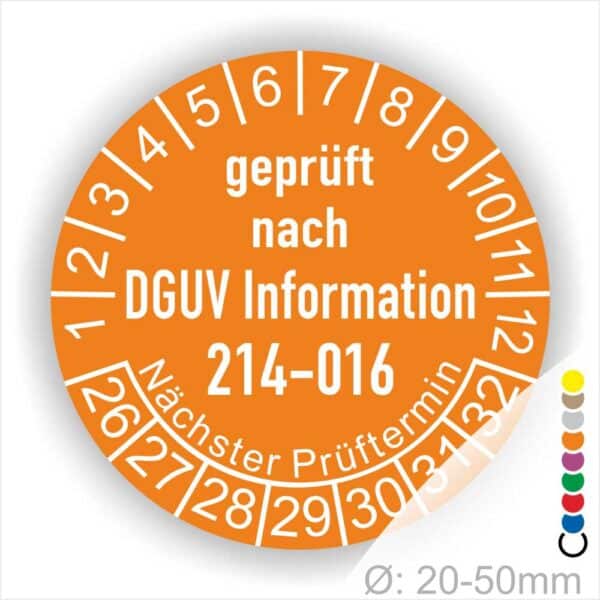 Prüfplakette DGUV Information 214–016 Austauschbare Kipp‐ und Absetzbehälter. Farbe Orange, Startjar- 26