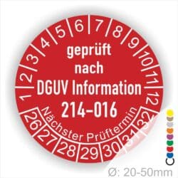 Prüfplakette DGUV Information 214–016 Austauschbare Kipp‐ und Absetzbehälter. Farbe Rot, Startjar- 26