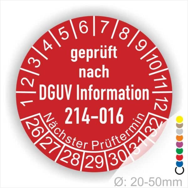 Prüfplakette DGUV Information 214–016 Austauschbare Kipp‐ und Absetzbehälter. Farbe Rot, Startjar- 26